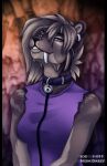  2015 anthro blonde_hair breasts clothed clothing collar darzycat digital_media_(artwork) ear_piercing falla_(f-r95) fangs felid female fur hair looking_at_viewer machairodontine mammal piercing portrait purple_eyes sabertooth_(anatomy) smile solo 