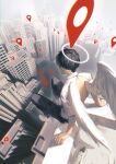  1boy angel_wings arm_support black_hair black_pants building city collared_shirt commentary day english_commentary facing_away feathered_wings full_body halo highres ishida_(segu_ishida) male_focus on_roof original outdoors pants shirt shoes short_hair short_sleeves sitting sneakers solo white_footwear white_shirt wings 