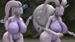  16:9 2022 3d_(artwork) anthro big_breasts bodily_fluids breasts digital_media_(artwork) dnrud12 duo female flustered genitals gesture glistening glistening_body goodra green_eyes grey_eyes hi_res hisuian_goodra nintendo nude plant pointing pok&eacute;mon pok&eacute;mon_(species) pok&eacute;morph purple_body purple_skin pussy question_mark regional_form_(pok&eacute;mon) source_filmmaker sweat tree video_games widescreen 