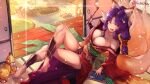  1girl absurdres animal_ear_fluff animal_ears architecture breasts east_asian_architecture fang fox_ears fox_girl fox_tail furisode highres holding holding_pipe japanese_clothes kimono kiseru large_breasts long_hair multiple_tails obi off_shoulder open_mouth orange_eyes original pipe purple_hair radishkek red_kimono sash sitting sliding_doors slit_pupils solo tail tatami wide_sleeves 