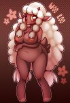  anthro black_body blush bovid braided_hair breasts caprine digital_media_(artwork) english_text female flower fur hair hi_res horn inverted_nipples long_hair mammal nintendo nipples nude plant pocki07 pok&eacute;mon pok&eacute;mon_(species) simple_background smile solo text video_games wool_(fur) wooloo 