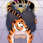  1:1 all_fours anthro bedroom_eyes big_butt boombox butt butt_jiggle clothed clothing colored digital_media_(artwork) dreamworks felid female front_view fur hi_res huge_butt jiggling kung_fu_panda leggings legwear mammal markings master_tigress motion_lines narrowed_eyes nericurls on_ground pantherine seductive solo striped_markings striped_tail stripes tail_markings thick_thighs tiger twerking wide_hips wraps 