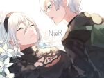  1boy 1girl black_dress black_hairband black_shirt blue_eyes closed_eyes closed_mouth commentary_request copyright_name crying crying_with_eyes_open dress flower hairband highres iwai_ku_tsuki lying mole mole_under_mouth nier_(series) nier_automata on_back parted_lips shirt short_hair tears white_background white_flower white_hair yorha_no._2_type_b yorha_no._9_type_s 