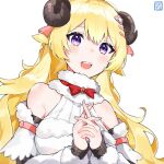 1girl :d animal_ears bangs bare_shoulders blonde_hair bow breasts curled_horns detached_sleeves dress eyebrows_visible_through_hair fur-trimmed_sleeves fur_trim hair_between_eyes hair_ornament hairclip hands_up hayate_fish highres hololive horns interlocked_fingers long_hair long_sleeves looking_at_viewer medium_breasts own_hands_together purple_eyes red_bow sheep_ears sheep_girl sheep_horns simple_background sleeveless sleeveless_dress smile solo teeth tsunomaki_watame upper_teeth virtual_youtuber white_background white_dress white_sleeves 