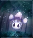  blurry commentary_request forest framed full_body highres komugi_(com_mnya) morelull nature night no_humans one-hour_drawing_challenge outdoors pokemon pokemon_(creature) purple_eyes signature solo sparkle tree 