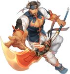  1boy bad_perspective bara beard chinese_clothes cleavage_cutout clothing_cutout covered_nipples facial_hair gozu_farm gyee halberd headband highres horns logo looking_at_viewer male_focus manly muscular muscular_male official_alternate_costume official_art pants pectoral_cleavage pectorals polearm smile solo takashi_(gyee) thick_arms thick_thighs thighs transparent_background weapon 