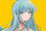  1girl aqua_eyes aqua_hair armor bangs closed_mouth earrings edamameoka eirika_(fire_emblem) eyebrows_visible_through_hair fire_emblem fire_emblem:_the_sacred_stones highres jewelry long_hair looking_at_viewer red_shirt shiny shiny_hair shirt shoulder_armor sidelocks solo upper_body yellow_background 