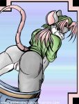  anthro bandanna biped border bottomwear bottomwear_down butt clothed clothing digital_media_(artwork) female flashing fur genitals green_clothing green_shirt green_topwear grey_body grey_fur hair james_donaldson kerchief long_tail mammal mooning murid murine pants pants_down partially_clothed pink_hair presenting presenting_pussy pussy rat rodent shirt simple_background solo standing text topwear white_body white_fur 