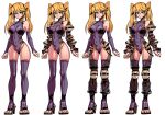  1girl absurdres ass_visible_through_thighs bangs bare_shoulders blonde_hair blue_eyes breasts character_sheet covered_navel elbow_gloves full_body ga320aaa gauntlets gloves high_heels highres knee_guards leotard original purple_legwear see-through simple_background thighhighs toeless_footwear twintails white_background 