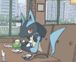 ambiguous_gender anthro beverage blue_body building chair city container cup day detailed_background fur furniture glass inside looking_at_viewer lucario momota_pen nintendo plant pok&eacute;mon pok&eacute;mon_(species) red_eyes sitting solo table tree video_games window 