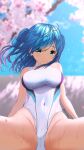  1girl aigami_shion blue_eyes blue_hair blurry blurry_background breasts cherry_blossoms commentary_request competition_swimsuit covered_navel cowboy_shot garter-velvet highres long_hair looking_at_viewer medium_breasts multicolored_clothes multicolored_swimsuit one-piece_swimsuit original sitting solo spread_legs swimsuit two_side_up white_swimsuit 