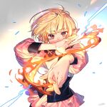  1girl avatar_(mabinogi) bangs blonde_hair blunt_bangs breasts cleavage corset covered_mouth ear_piercing earrings fire hands hands_up jewelry mabinogi magic nishita outstretched_arm perspective piercing pointy_ears puffy_sleeves purple_eyes short_hair solo 