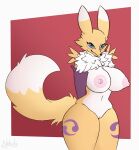  anthro bandai_namco big_breasts breasts canid canine canis digimon digimon_(species) digital_media_(artwork) female fox fur genitals hair hi_res looking_at_viewer mammal nebula64 nipples nude pussy red_background renamon simple_background smile solo thick_thighs tuft video_games white_body white_fur yellow_body yellow_fur 