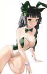  1girl absurdres animal_ears bare_arms bare_shoulders black_hair bow bowtie braid breasts cat_ears cleavage commission covered_navel detached_collar fake_animal_ears fake_tail green_eyes grin groin hairband highleg highleg_leotard highres large_breasts leotard long_hair looking_at_viewer meme_attire original playboy_bunny rabbit_ears rabbit_tail see-through see-through_leotard simple_background smile solo steeb strapless strapless_leotard tail thighs twin_braids twintails white_background wrist_cuffs 
