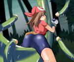  artist_request bandana bdsm bike_shorts blue_eyes blush bondage bound bound_wrists brown_hair cameltoe censored forest haruka_(pokemon) hat jpeg_artifacts mosaic_censoring nature pokemon solo tentacle_sex tentacles tree 