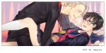  +_+ 2boys black_hair blue-framed_eyewear blue_eyes blush brown_eyes champagne_flute crossdressing cup drinking_glass drunk english_text formal glasses hand_on_another&#039;s_neck katsuki_yuuri lying male_focus medal multiple_boys on_back open_mouth pleated_skirt school_uniform serafuku silver_hair skirt smile suit thighhighs viktor_nikiforov white_legwear yaoi yuri!!!_on_ice yuyu_(yuyudesu0806) 