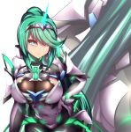  1girl armor ass back bangs blinking blush bodystocking breasts character_name cleavage closed_mouth cowboy_shot earrings eyebrows_visible_through_hair faulds gauntlets green_eyes green_hair headband high_ponytail jewelry large_breasts lips long_hair looking_at_viewer nintendo pantyhose pixivfi-san pneuma_(xenoblade_2) ponytail pose see-through sidelocks simple_background smile solo spoilers standing very_long_hair white_background xenoblade_(series) xenoblade_2 