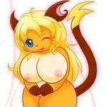  animal_ears bb breasts censored furry highres large_breasts nipples orange_skin pokemon pokemon_furry pussy raichu smile tail wink 