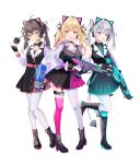  3girls absurdres animal_ears apex_legends asumi_sena asymmetrical_legwear blonde_hair blue_eyes boots brown_hair cat_ears choker closed_mouth cross-laced_footwear demon_tail dress fake_animal_ears fingerless_gloves garters gloves gun hair_ribbon heterochromia highres holding holding_gun holding_weapon hololive hoshikawa_sara knees_together_feet_apart lace-up_boots leg_up mismatched_legwear multiple_girls myusha natsuiro_matsuri nijisanji open_mouth pantyhose pink_eyes pleated_dress ribbon second-party_source see-through see-through_sleeves simple_background smile standing standing_on_one_leg tail thighhighs twintails vspo! weapon white_background white_hair yellow_eyes 