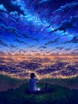  1girl absurdres au_ito cat city city_lights cityscape cloud cloudy_sky commentary_request dark falling_star from_behind highres hill landscape night night_sky original outdoors rooftop scenery sky skyline star_(sky) starry_sky 