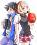  1boy 1girl ash_ketchum ashujou bangs baseball_cap black_hair blonde_hair blue_eyes blush couple hat holding holding_hands jacket male_focus pokemon pokemon_(anime) pokemon_swsh_(anime) serena_(pokemon) shirt short_hair skirt smile t-shirt 