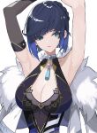  1girl aqua_eyes armpits arms_up bangs blue_hair bob_cut breasts center_opening chinese_commentary cleavage coat collarbone diagonal_bangs dice ear_piercing earrings elbow_gloves eyebrows_visible_through_hair fur_trim genshin_impact gloves gold_trim highres jewelry large_breasts looking_away mole mole_on_breast necklace open_mouth parted_lips pearl_necklace piercing presenting_armpit rikui_(rella2930) shadow short_hair simple_background single_bare_arm single_glove solo tassel upper_body white_background white_coat yelan_(genshin_impact) 