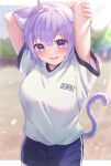  1girl :d absurdres ahoge animal_ear_fluff animal_ears arms_up ayama_nano bangs blue_shorts blush breasts cat_ears cat_girl cat_tail eyebrows_visible_through_hair fang gym_uniform highres hololive large_breasts letterboxed looking_at_viewer nekomata_okayu purple_eyes purple_hair shirt short_sleeves shorts skin_fang smile solo tail virtual_youtuber white_shirt 