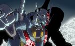  commentary dark_background glowing glowing_eyes green_eyes gundam gundam_aerial gundam_suisei_no_majo kuman_bachi mecha mobile_suit no_humans science_fiction shadow shiny signature silhouette solo upper_body v-fin 