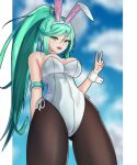  1girl absurdres animal_ears bangs breasts chest_jewel detached_collar earrings fake_animal_ears green_eyes green_hair hair_ornament highres jewelry large_breasts leotard long_hair looking_at_viewer pantyhose playboy_bunny pneuma_(xenoblade) ponytail rabbit_ears simple_background smile solo succducc888 swept_bangs tiara v very_long_hair wrist_cuffs xenoblade_chronicles_(series) xenoblade_chronicles_2 