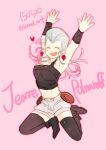  1girl :d ^_^ closed_eyes crop_top earrings flattop genderswap genderswap_(mtf) grey_hair jean_pierre_polnareff jewelry jojo_no_kimyou_na_bouken jumping male_focus midriff mullet shorts smile solo stardust_crusaders thighhighs tianel_ent 