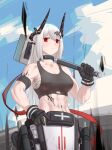  1girl absurdres arknights armband bandages bangs bare_shoulders black_choker black_gloves blue_sky breasts chest_sarashi choker cleavage cloud collarbone commentary_request cowboy_shot crop_top cursna day gloves hammer hand_on_hip highres holding holding_hammer holding_weapon horns infection_monitor_(arknights) large_breasts long_hair looking_at_viewer midriff mudrock_(arknights) navel oripathy_lesion_(arknights) outdoors over_shoulder partial_commentary pointy_ears red_eyes sarashi silver_hair sky solo sports_bra standing stomach weapon weapon_over_shoulder 