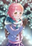  1girl absurdres ahoge bag bangs blue_scarf blurry blurry_background blush braid breath brown_gloves earrings eyebrows_visible_through_hair fur-trimmed_jacket fur_trim gloves highres jacket jewelry long_hair long_sleeves looking_at_viewer love_live! love_live!_nijigasaki_high_school_idol_club love_live!_school_idol_festival_all_stars oekakiren_0403 open_clothes open_jacket open_mouth outdoors pink_hair pleated_skirt purple_jacket purple_skirt scarf skirt snowing solo steepled_fingers tennouji_rina twin_braids upper_body yellow_eyes 