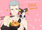  1boy :t blue_eyes boston_terrier bowl chirashi_(food) chopsticks dog eating flattop food food_in_mouth grey_hair iggy_(jojo) jean_pierre_polnareff jojo_no_kimyou_na_bouken shrimp shrimp_tempura stardust_crusaders tempura tianel_ent 