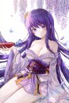  1girl absurdres bangs bare_shoulders breasts bug butterfly collarbone commentary cup eyebrows_visible_through_hair genshin_impact grin highres holding japanese_clothes kimono large_breasts long_hair long_sleeves looking_at_viewer mole mole_under_eye obi off_shoulder parted_lips purple_eyes purple_hair purple_kimono raiden_shogun red_sash ryunbi sakazuki sash short_kimono smile solo thighs very_long_hair white_background wide_sleeves 