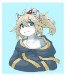  2022 accessory anthro artist_name azuma_riko blonde_hair blue_background blue_body blue_fur blush border chest_tuft clothed clothing cute_fangs dated domestic_cat felid feline felis female flat_chested fur green_eyes grey_nose hair hair_accessory hand_in_pocket happy hi_res hoodie kemono kemono_giga koishi_chikasa mammal multicolored_body multicolored_fur pockets portrait signature simple_background smile smiling_at_viewer solo topwear tuft two_tone_body two_tone_fur whiskers white_body white_border white_fur 