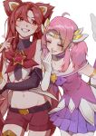  2girls alternate_costume alternate_hair_color alternate_hairstyle bare_shoulders blush breasts choker closed_eyes elbow_gloves fingerless_gloves flat_chest gloves hair_ornament highres jinx_(league_of_legends) league_of_legends long_hair lux_(league_of_legends) magical_girl multiple_girls navel open_mouth pink_hair pleated_skirt purple_choker purple_skirt red_eyes red_hair red_shorts ruan_chen_yue shorts skirt smile star_(symbol) star_guardian_(league_of_legends) star_guardian_jinx star_guardian_lux thighhighs twintails very_long_hair white_gloves wings 