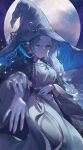  1girl blue_hair blue_skin closed_mouth colored_skin dress elden_ring extra_arms extra_faces full_moon hat highres jewelry looking_at_viewer medium_hair moon one_eye_closed peach_luo ranni_the_witch ring solo white_dress white_headwear witch_hat 