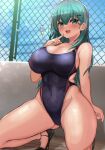  1girl :d alternate_costume aqua_eyes aqua_hair blush breasts competition_swimsuit covered_navel fence finger_to_mouth hair_ornament hairclip high_heels highleg highleg_swimsuit highres kantai_collection kihou_no_gotoku_dmc large_breasts long_hair multicolored_clothes multicolored_swimsuit one-piece_swimsuit open_mouth smile suzuya_(kancolle) swimsuit two-tone_swimsuit 