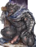  2022 abs anthro armor balls big_penis blaidd_(elden_ring) bodily_fluids canid canine canis cape clothing cum digital_media_(artwork) elden_ring facial_scar fromsoftware fur gauntlets genital_fluids genitals gloves handwear hi_res humanoid_genitalia humanoid_penis kemono male mammal melee_weapon muscular muscular_male navel pecs penis purple_eyes rabbity saliva scar solo sword tongue tongue_out vein veiny_penis video_games weapon wolf 