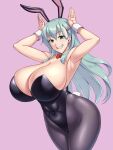  1girl alternate_breast_size black_legwear breasts bunny_pose green_eyes green_hair grin hair_ornament hairclip highleg highleg_leotard huge_breasts kantai_collection kawanuma_uotsuri leotard long_hair pantyhose playboy_bunny smile strapless strapless_leotard suzuya_(kancolle) wrist_cuffs 