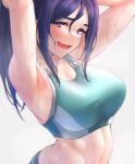  1girl :d arched_back armpits arms_behind_head arms_up bangs bare_arms bare_shoulders blurry blush breasts commentary_request depth_of_field eyebrows_visible_through_hair green_sports_bra grey_background hair_between_eyes half-closed_eyes highres large_breasts long_hair looking_at_viewer love_live! love_live!_sunshine!! lower_teeth matsuura_kanan messy_hair nasuno_(nasuno42) open_mouth ponytail purple_eyes purple_hair sidelocks simple_background smile solo sports_bra standing steaming_body stomach sweat teeth upper_body 