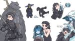  2boys 2girls absurdres armor black_hair blaidd_the_half-wolf blue_eyes blue_hair blue_skin cape cloak closed_mouth colored_skin cracked_skin dress elden_ring extra_arms extra_faces eyepatch fur_cloak furry gauntlets greatsword hat highres hug huge_weapon jewelry joints kiss long_hair looking_at_viewer mask miniature_ranni moreblack multiple_boys multiple_girls one_eye_closed ranni_the_witch smile sword tarnished_(elden_ring) weapon white_dress witch witch_hat wolf_boy yellow_eyes yuri 