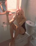  1girl bare_legs bathroom blonde_hair chainsaw_man cutting_hair demon_horns horns long_hair mirror power_(chainsaw_man) red_horns scissors sitting solo symbol-only_commentary toilet wengwengchim window 