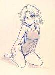  1girl alternate_costume bare_legs barefoot blush breasts closed_mouth commentary_request covered_navel d-m_(dii_emu) embarrassed eyebrows_visible_through_hair eyelashes full_body greyscale looking_at_viewer mizuhashi_parsee monochrome one-piece_swimsuit open_mouth pointy_ears short_hair sitting sketch swimsuit touhou traditional_media wariza 