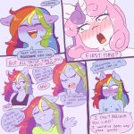  2022 absurd_res after_sex anthro anthro_on_anthro anthrofied blush breasts comic currentlytr_ash dialogue duo english_text equid equine female female/female friendship_is_magic hair hasbro hi_res horn horse humor mammal multicolored_hair my_little_pony nipples nude open_mouth pink_hair pony rainbow_dash_(mlp) rainbow_hair sweetie_belle_(mlp) text unicorn virgin 