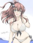  1girl bikini breasts brown_hair cleavage cowboy_shot front-tie_top gakky grey_eyes kantai_collection large_breasts looking_at_viewer one-hour_drawing_challenge ponytail saratoga_(kancolle) side-tie_bikini side_ponytail sidelocks smokestack_hair_ornament solo swimsuit white_bikini 