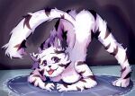  anthro black_stripes blep breasts_press felid female fur jack-o&#039;_pose mammal pose purple_eyes solo stripes tongue tongue_out tundra_(character) white_body white_fur 