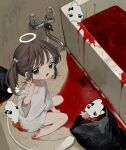  1girl angel angel_wings bag bangs barefoot bathtub between_legs black_eyes blood blood_on_clothes blood_on_face blood_on_feet blood_on_hands bow brown_hair child commentary detached_wings disembodied_limb from_above full_body hair_bow halo hand_between_legs hand_up highres indoors ishita_umi looking_at_viewer looking_up mini_wings no_pants on_floor open_mouth original oversized_clothes oversized_shirt plastic_bag pool_of_blood shirt short_sleeves sitting solo symbol-only_commentary t-shirt trash_bag twintails v wariza white_shirt wings 
