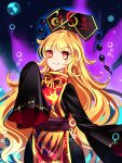  1girl black_dress black_headwear china_dress chinese_clothes closed_mouth dress eyebrows_visible_through_hair junko_(touhou) long_hair orange_hair phoenix_crown raptor7 red_eyes sleeves_past_fingers sleeves_past_wrists smile solo tabard touhou upper_body wide_sleeves 