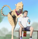  2022 absurd_res akino_(kemokin_mania) anthro bottomwear cheetah cheetos clothed clothing duo felid feline female food front_view hi_res holding_food holding_object human larger_anthro larger_female leaning leaning_forward male mammal mikelocesterlanders shirt shorts sitting size_difference smaller_human smaller_male speedo spots swimwear t-shirt topwear white_clothing white_shirt white_topwear 